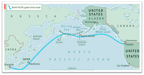 map of the great circle route across the pacific ocean connecting the US and Asia